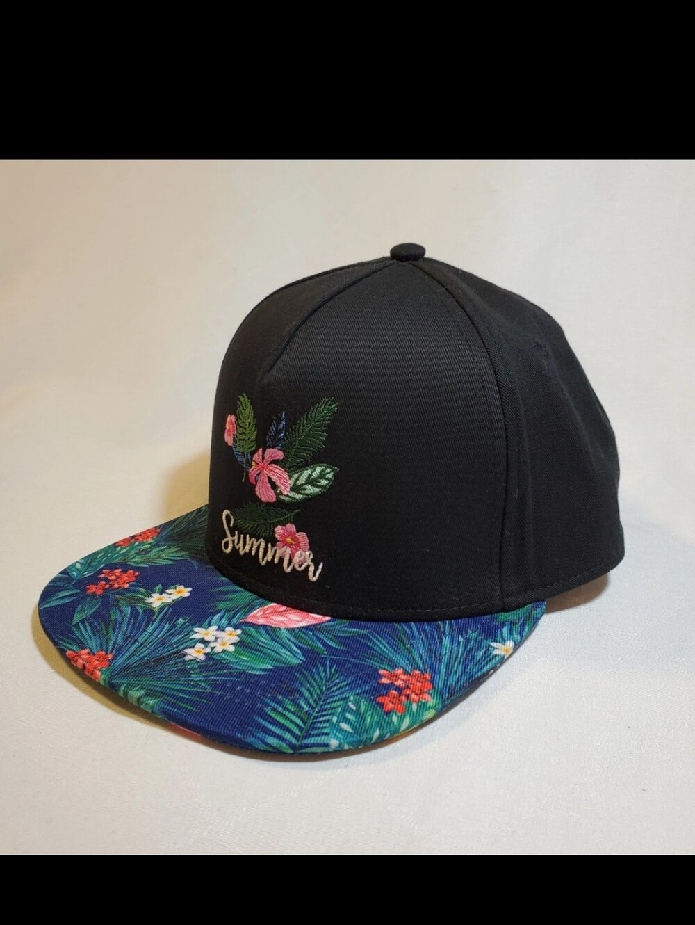 MINISO Summer Snapback Hat Floral Tropical Print Black Flat Brim Cap Streetwear